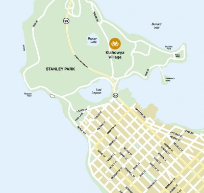 Map showing the location of the Klahowya Village in Stanley Park.