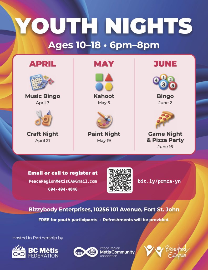 PRMCA Youth Nights poster showing all six events from April to June 2026 in Fort St. John